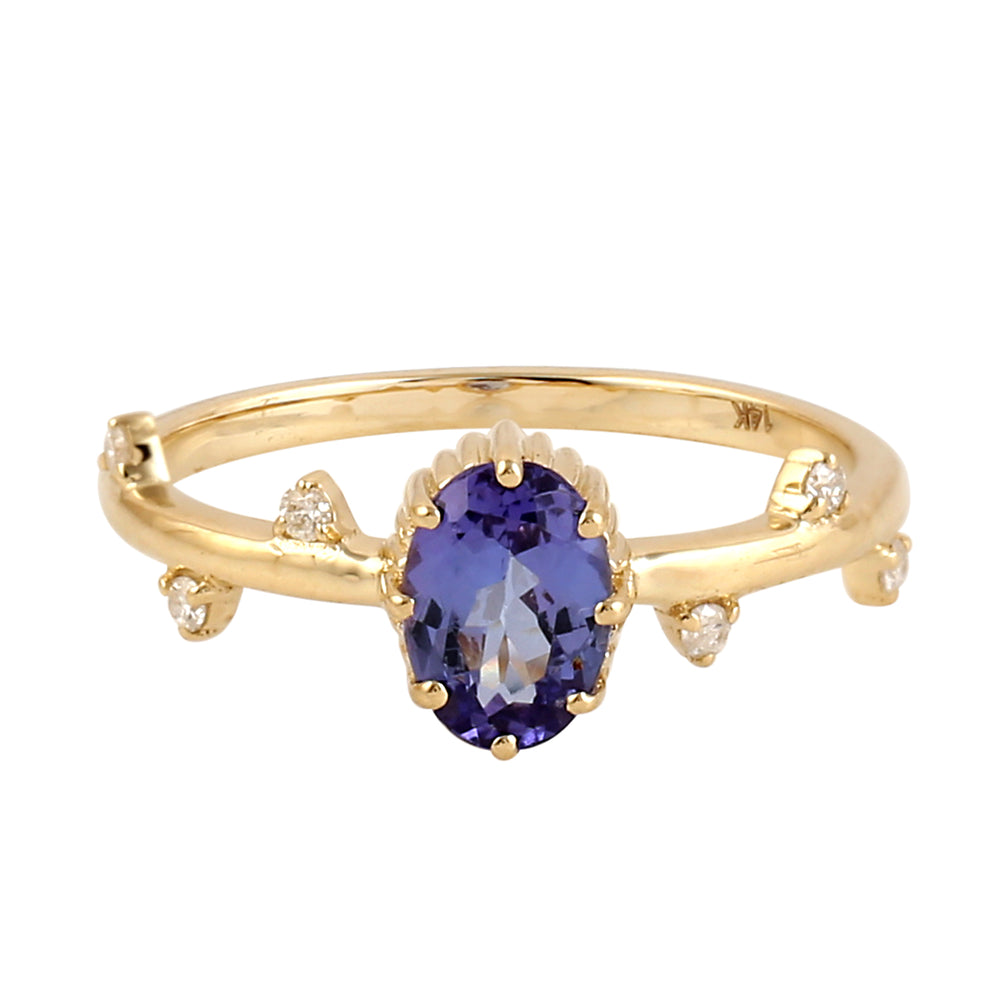 Natural Tanzanite Pave Diamond Delicate Ring In 14k Yellow Gold