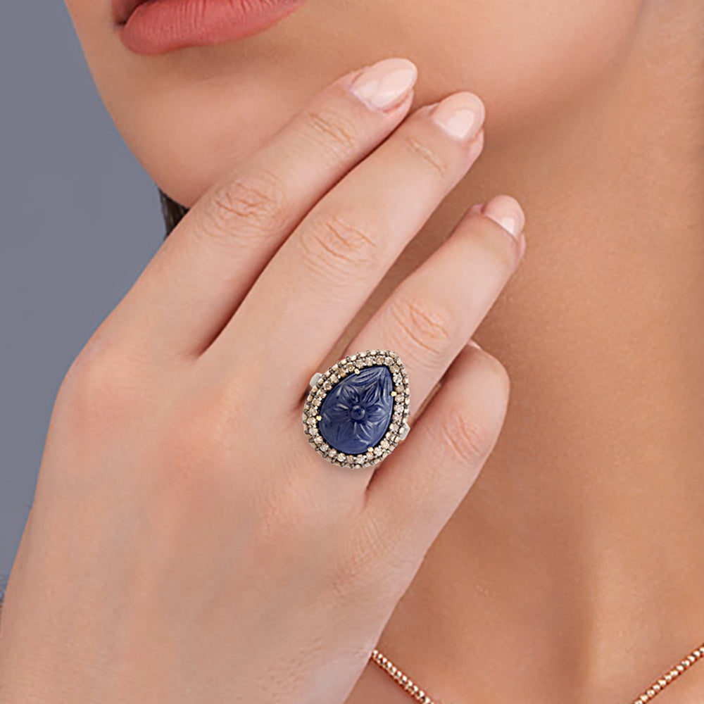 Handcarved Blue Sapphire Pave Diamond Pear Shape Cocktail Ring In 18k Gold & Sterling Silver