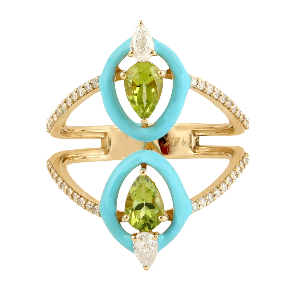 Studded Natural Diamond & Peridot Gemstone Designer Enamel Ring In 14k Yellow Gold