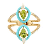 Studded Natural Diamond & Peridot Gemstone Designer Enamel Ring In 14k Yellow Gold