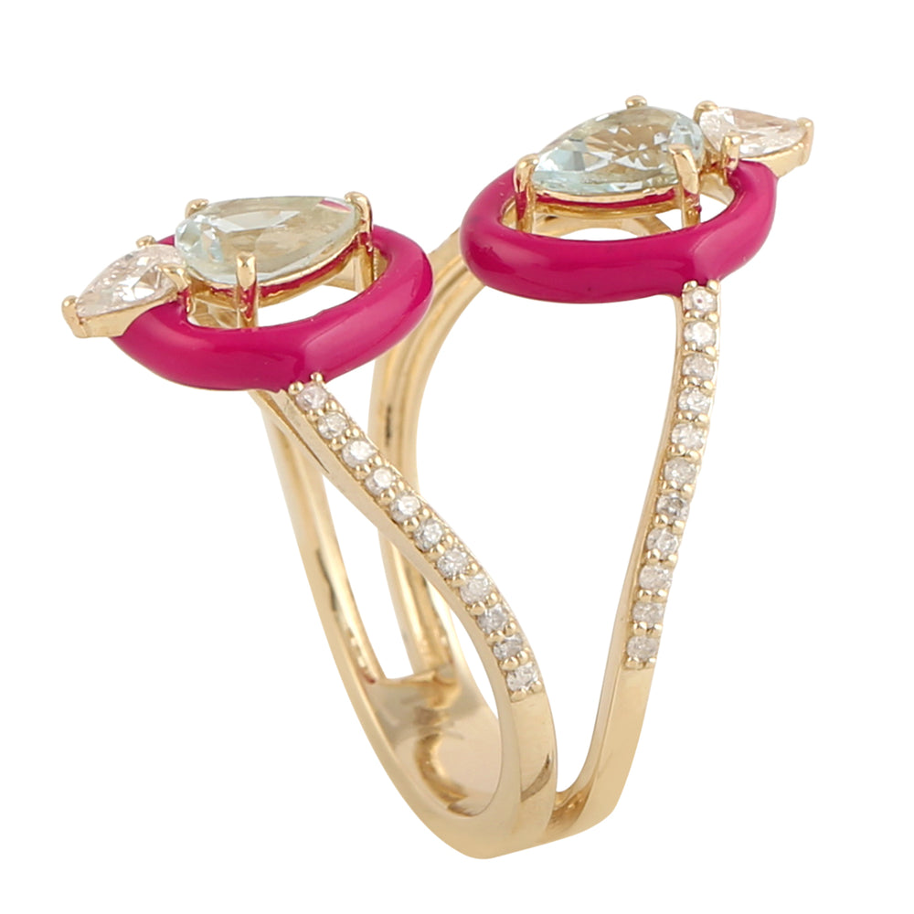 Pear Cut Aquamarine & Diamond Cocktail Enamel Ring Jewelry In 14k Yellow Gold