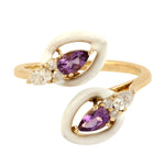 Natural Amethyst & Diamond Gemstone Crossover Ring 14k Yellow Gold Enamel Jewelry