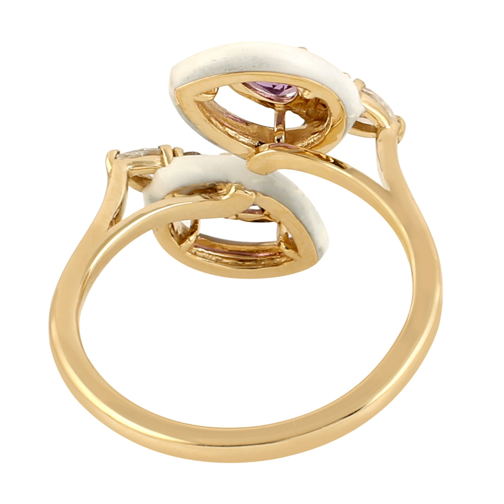Natural Amethyst & Diamond Gemstone Crossover Ring 14k Yellow Gold Enamel Jewelry