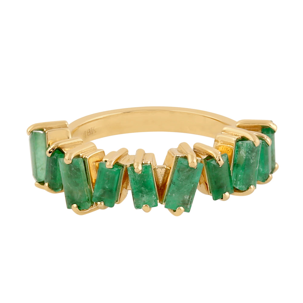 Prong Cut Baguette Emerald Gemstone Half Eternity Band Ring In 18k Yellow Gold