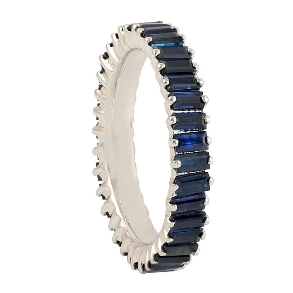 Baguette Blue Sapphire Gemstone Full Eternity Ring Jewelry In 18k White Gold Fine Accessory