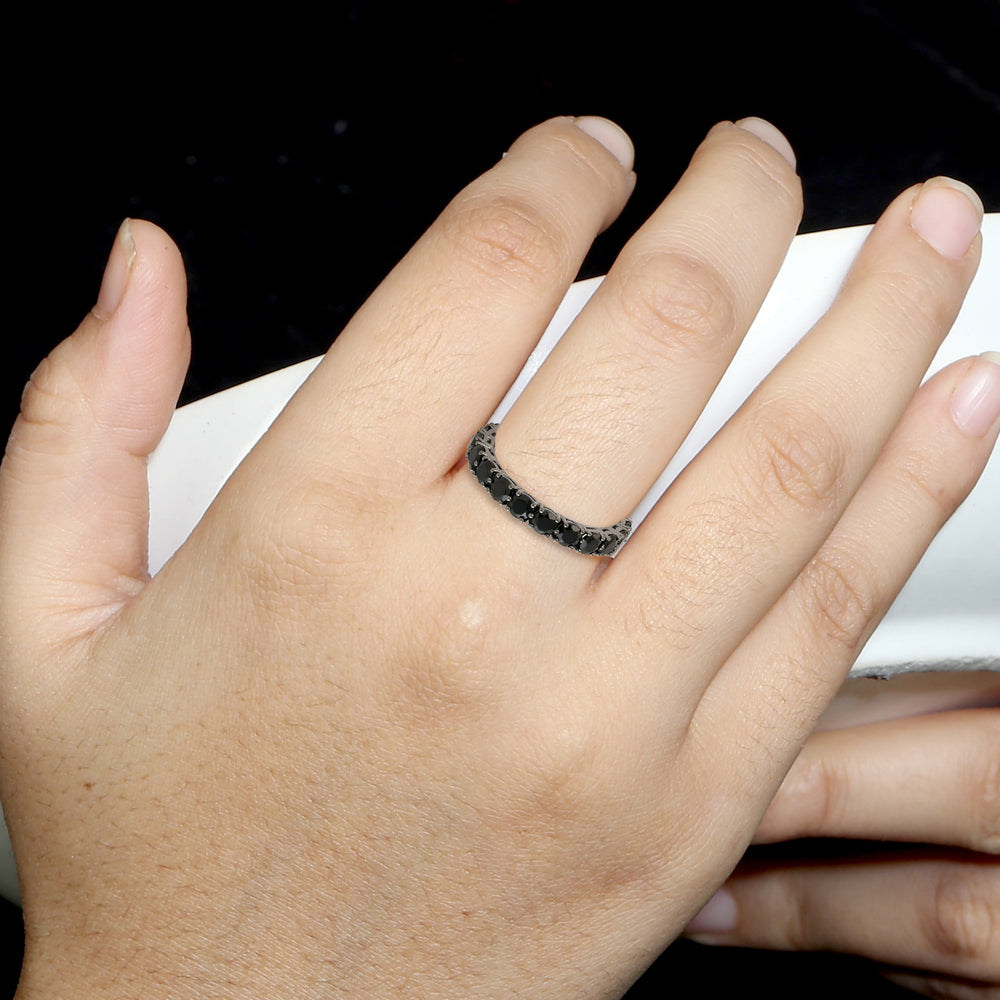 Prong Set Black Spinel Band Ring In 925 sterling Silver For Gift
