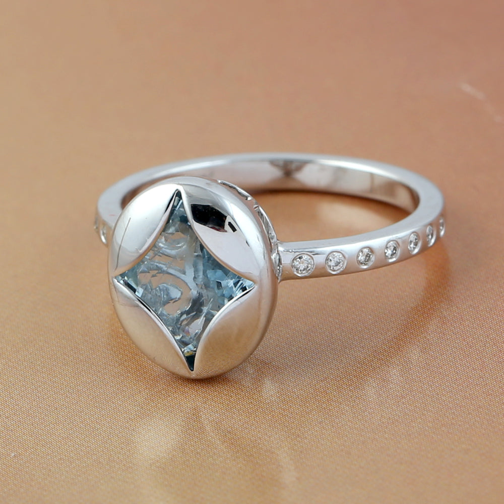 Beautiful Aquamarine Diamond Accent Ring Set In 18k White Gold For Her