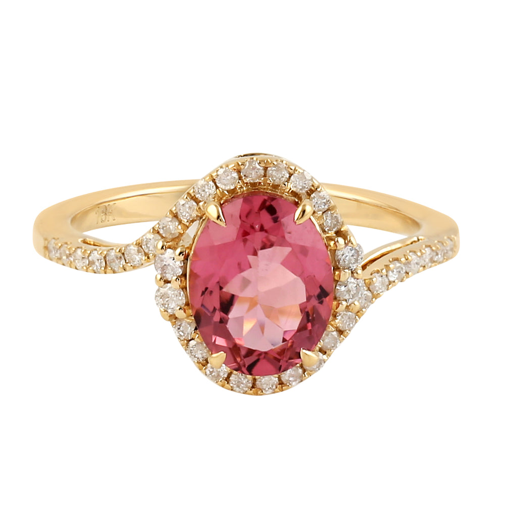 Beautiful Pink Tourmaline Pave Diamond Cocktail Ring Jewelry In 18k Yellow Gold