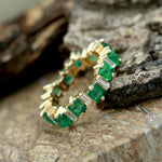 Yellow Gold Emerald & Diamond Band Ring For Women