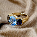 Solid 18k Yellow Gold Natural Topaz & Lolite Three Stone Cocktail Ring Gemstone Jewelry