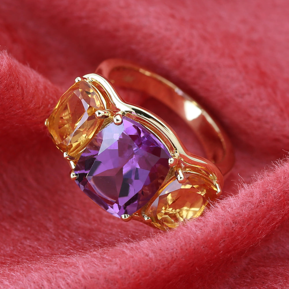 Handmade Citrine,Amethyst Three Stone Designer Ring In 18k Yellow Gold Jewelry