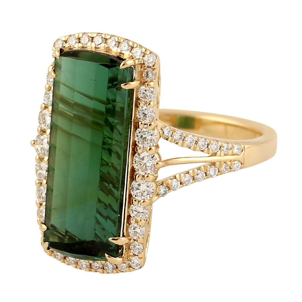 18k Yellow Gold Emerald Cut Tourmaline Pave Diamond Beautiful Cocktail Ring