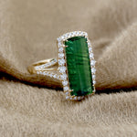 18k Yellow Gold Emerald Cut Tourmaline Pave Diamond Beautiful Cocktail Ring