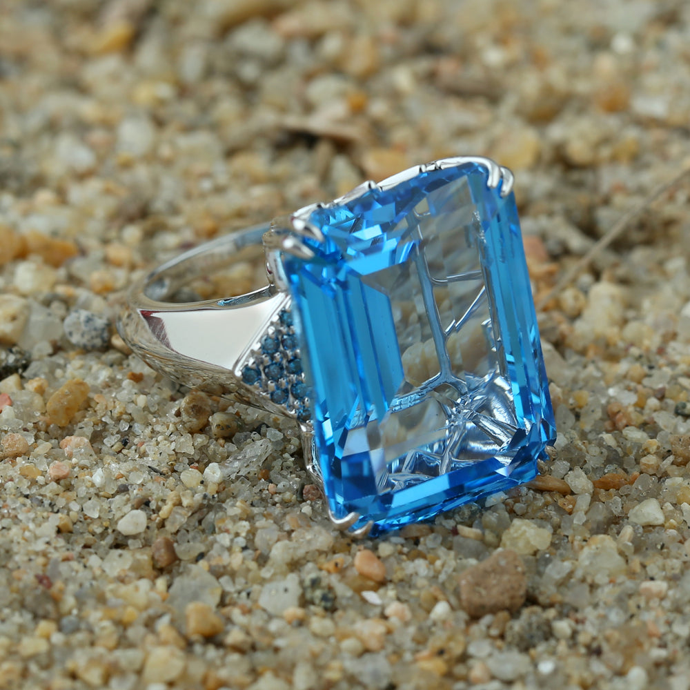 Natural Emerald Cut Topaz & Diamond Cocktail Ring In 10k White Gold For Her