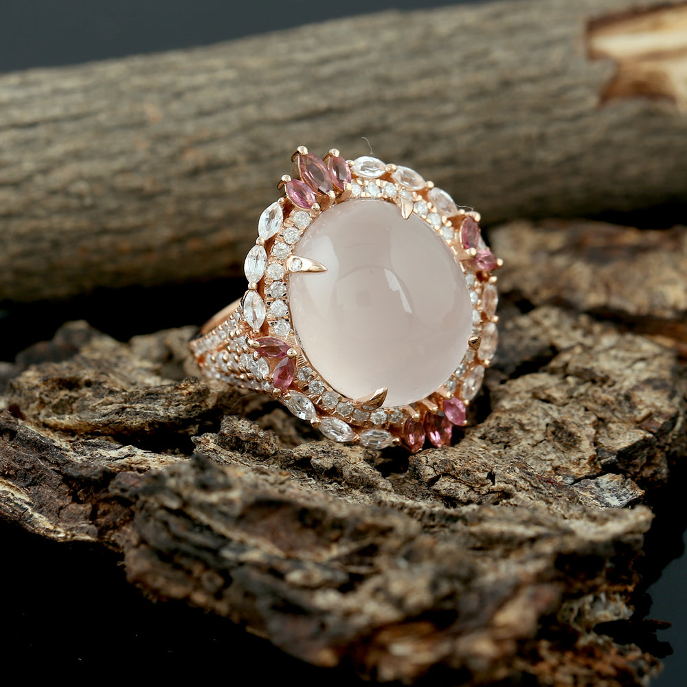 Natural Tourmaline Sapphire Diamond Quartz Cocktail Wedding Ring In 18k Rose Gold