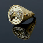 Pave Diamond 14k Yellow Gold Gemini Zodiac Sign Handmade Dome Ring For Gift