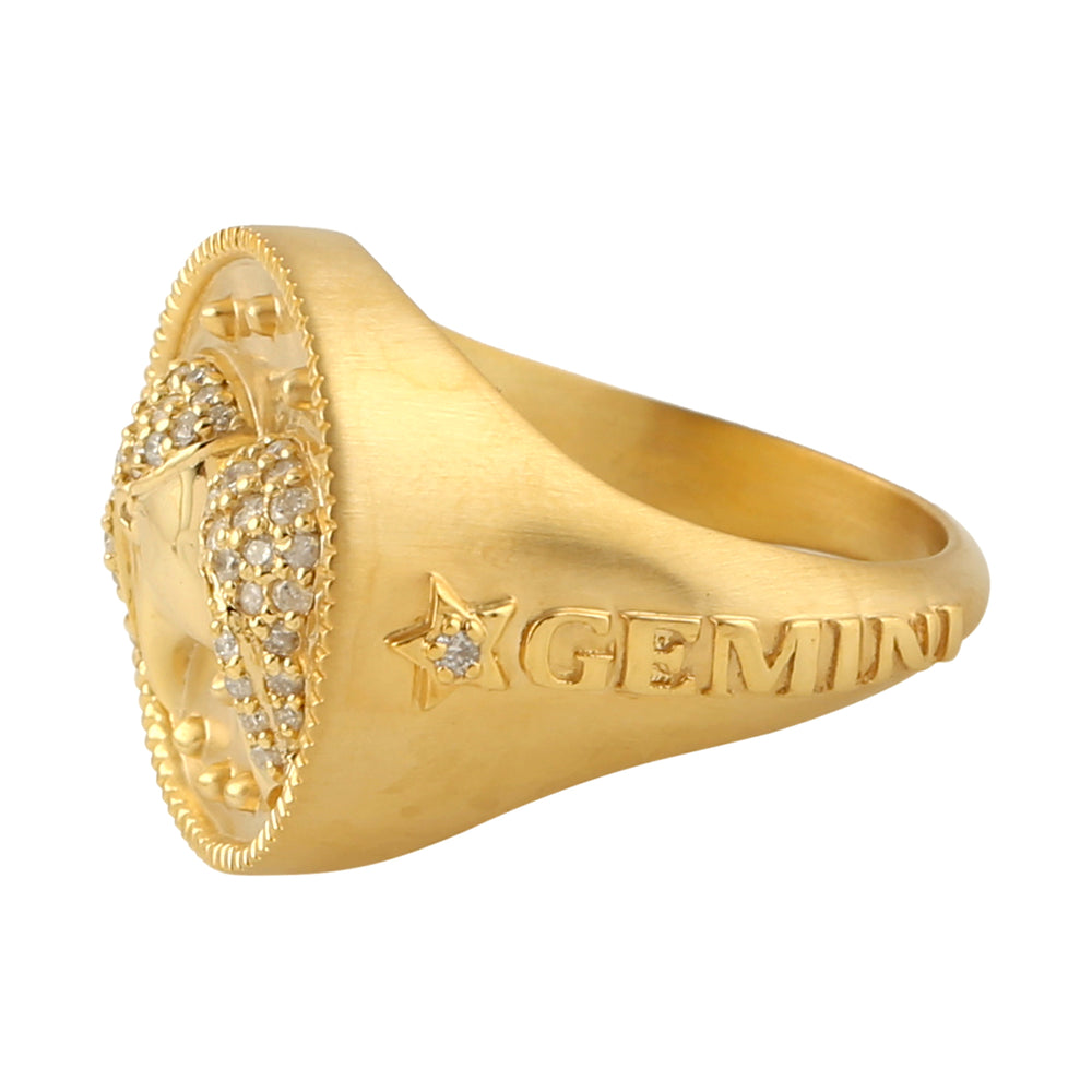 Pave Diamond 14k Yellow Gold Gemini Zodiac Sign Handmade Dome Ring For Gift