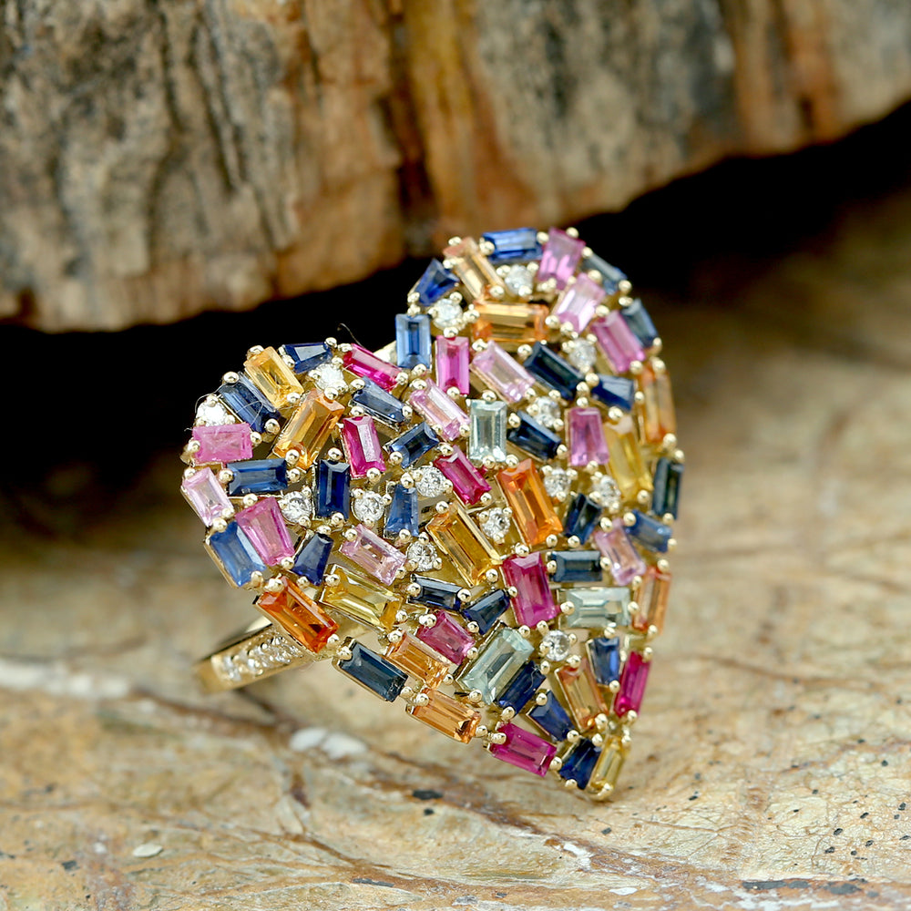 Multicolor Sapphire Diamond Cluster Heart Ring In 18k Yellow Gold
