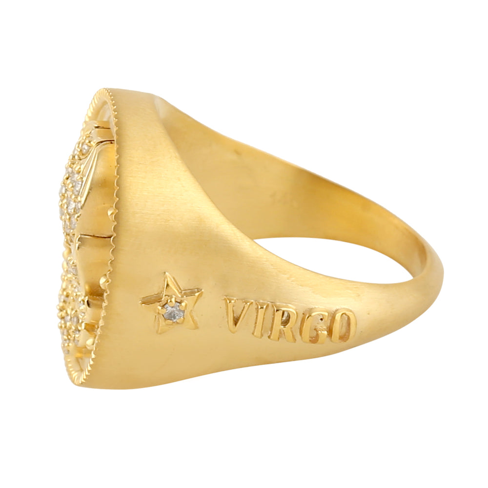 Handmade Pave Diamond 14k Yellow Gold Virgo Zodiac Dome Ring For Gift