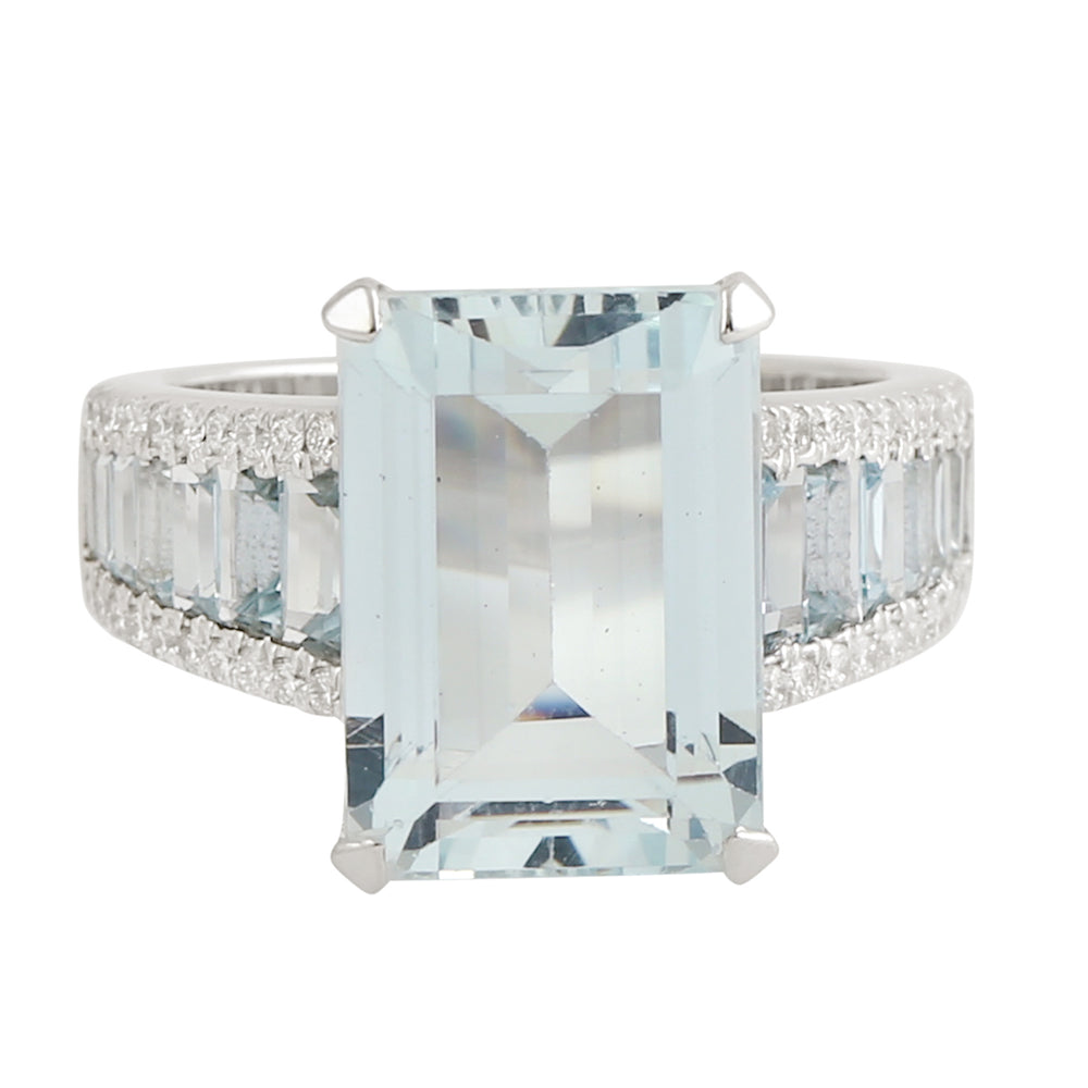 Emerald Cut Aquamarine Beautiful Diamond Engagement Ring In 18k White Gold