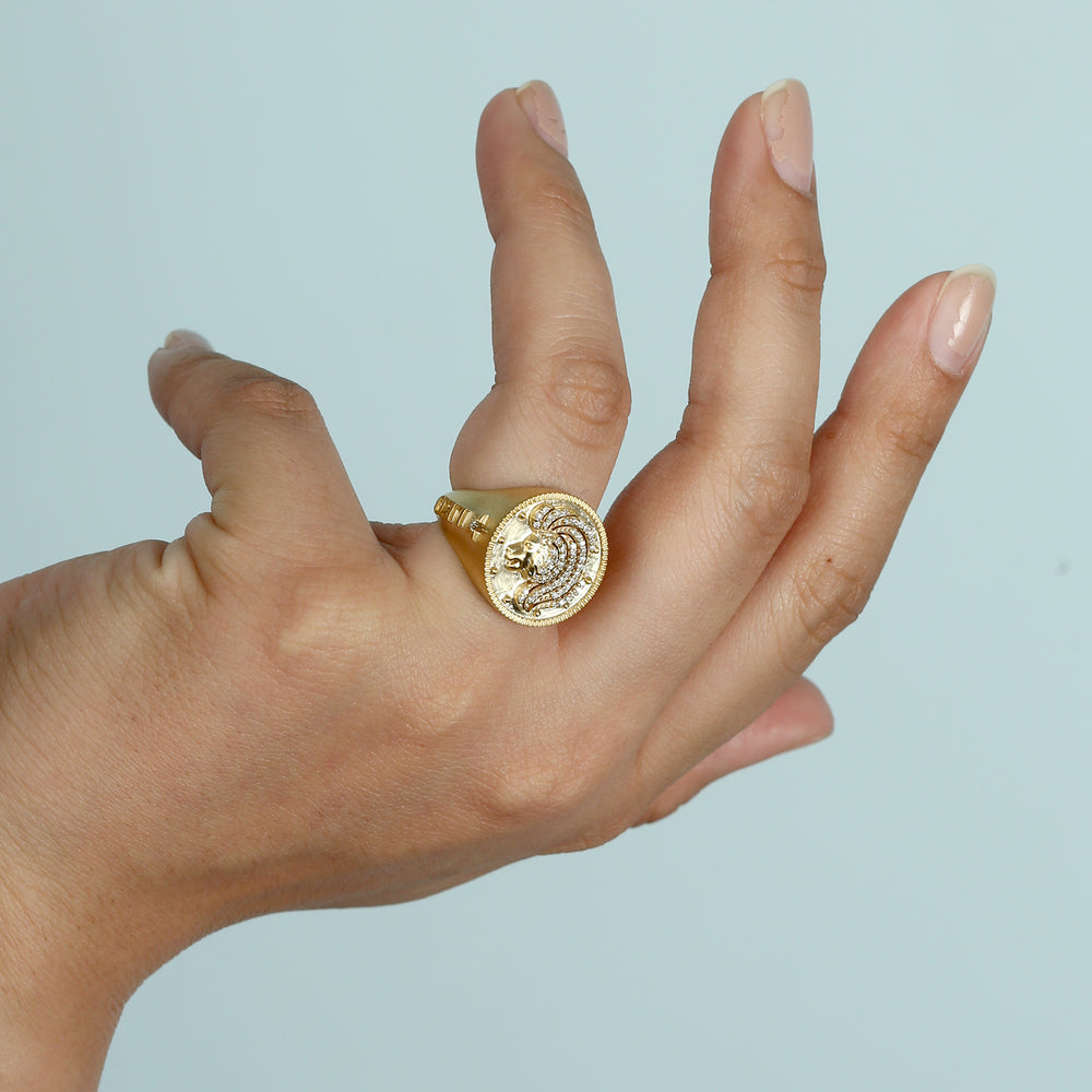 leo zodiac sign signet ring for men and women diamond pave gold 14k