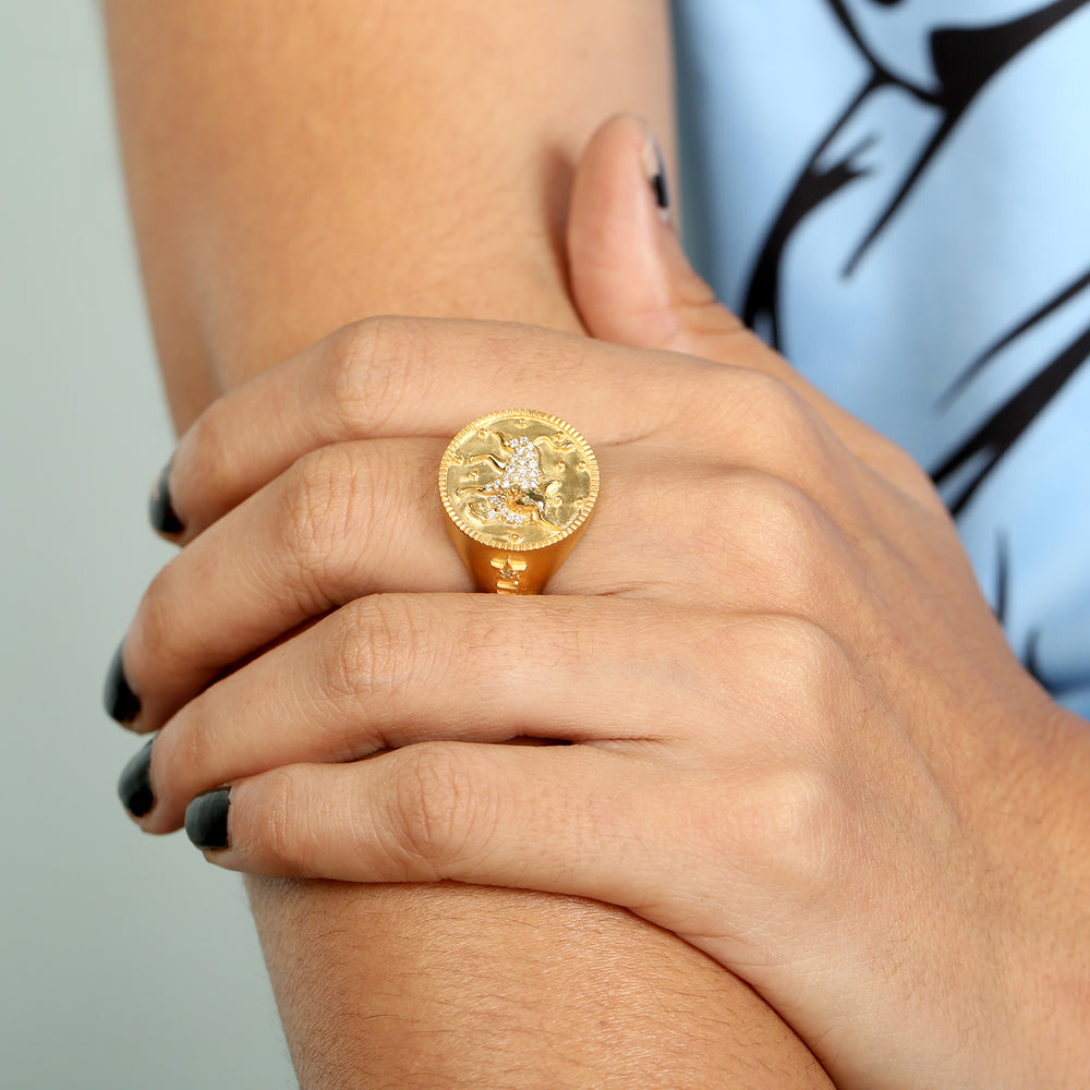 Pave Diamond Taurus Zodiac Signet Ring in 14k Yellow Gold
