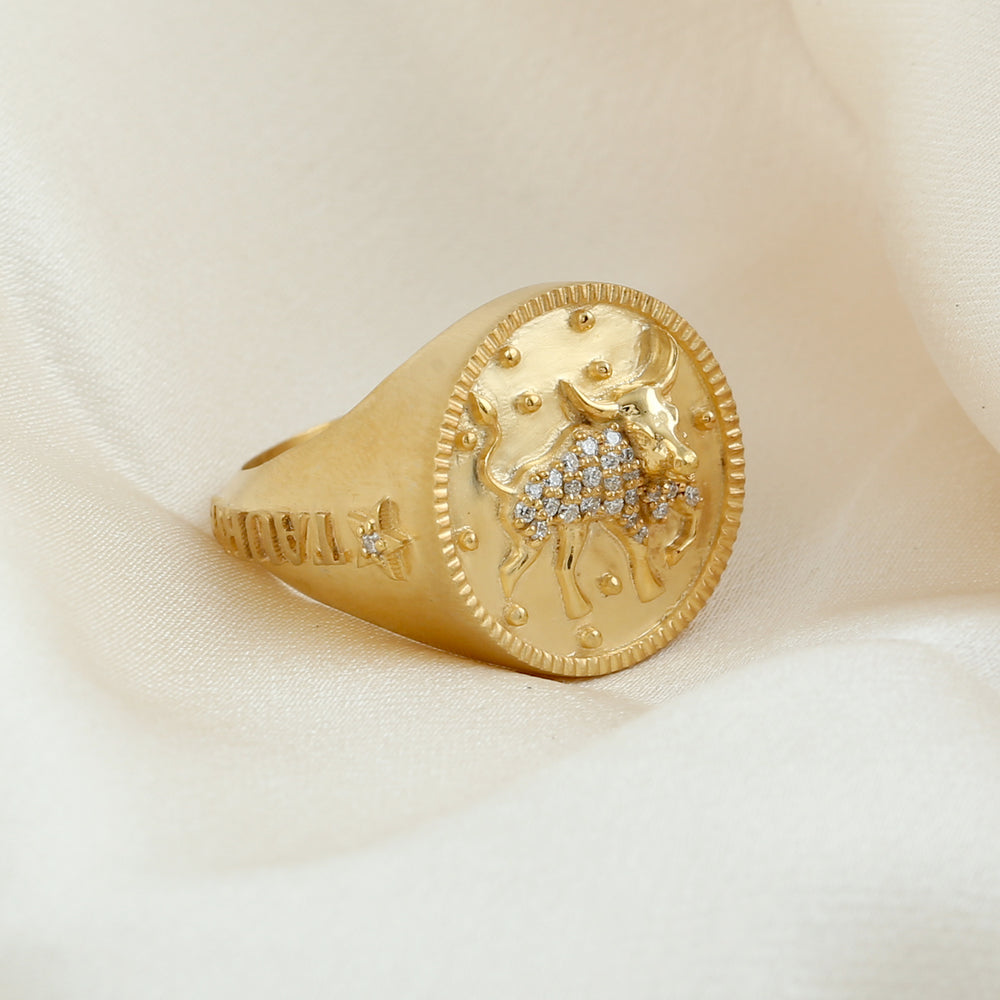 Pave Diamond Taurus Zodiac Signet Ring in 14k Yellow Gold
