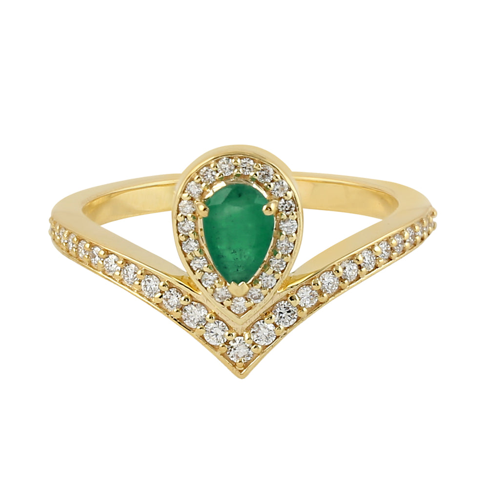 Natural Emerald Pave Diamond Tiara Design 18k Gold Ring