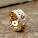 Beautiful Natural Diamond & Ruby Wide Band Wedding Ring In 18k Yellow Gold