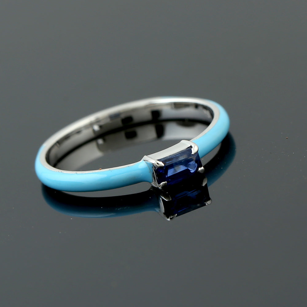Natural Blue Sapphire 18k White Gold Enamel Delicated Ring