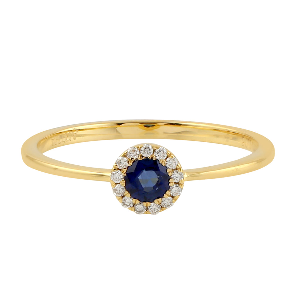 Blue Sapphire Diamond Halo Delicate Ring in 18k Yellow Gold