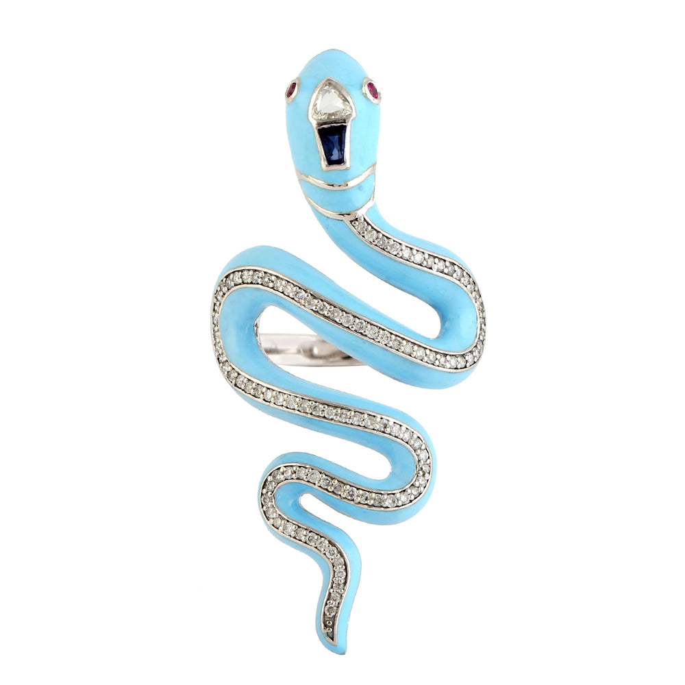Natural Blue Sapphire Pave Diamond Enamel Serpent Ring In 14k  Gold