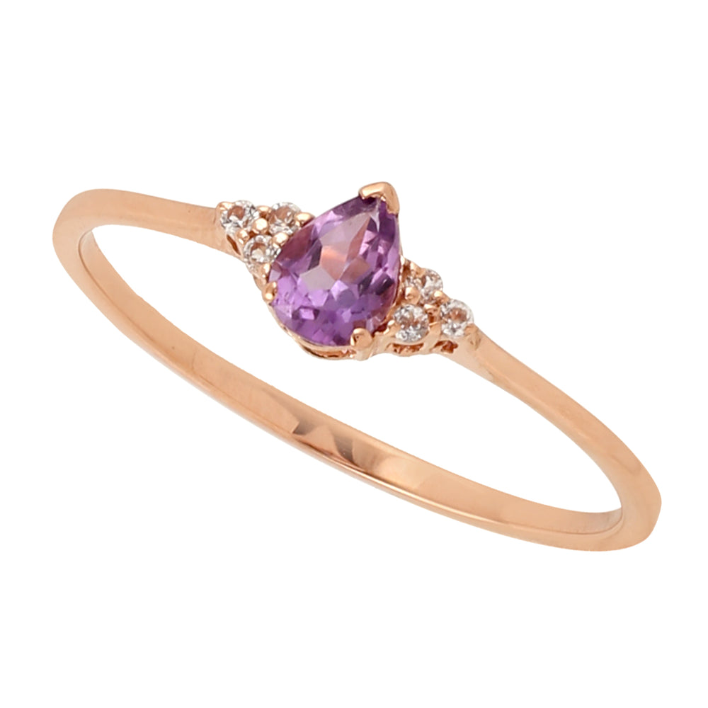 Pear Cut Amethyst Pave Diamond Delicate Ring in 18k Rose Gold