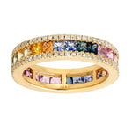 Channel Set Multicolor Sapphire Diamond Eternity Band Ring 18k Yellow Gold