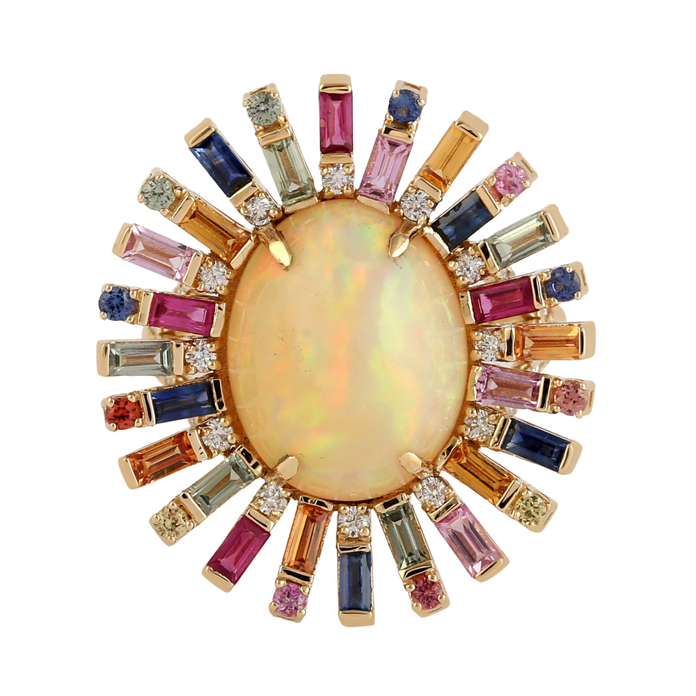 Baguette Sapphire Diamond Opal Ethopian 18k Yellow Gold Cocktail Ring