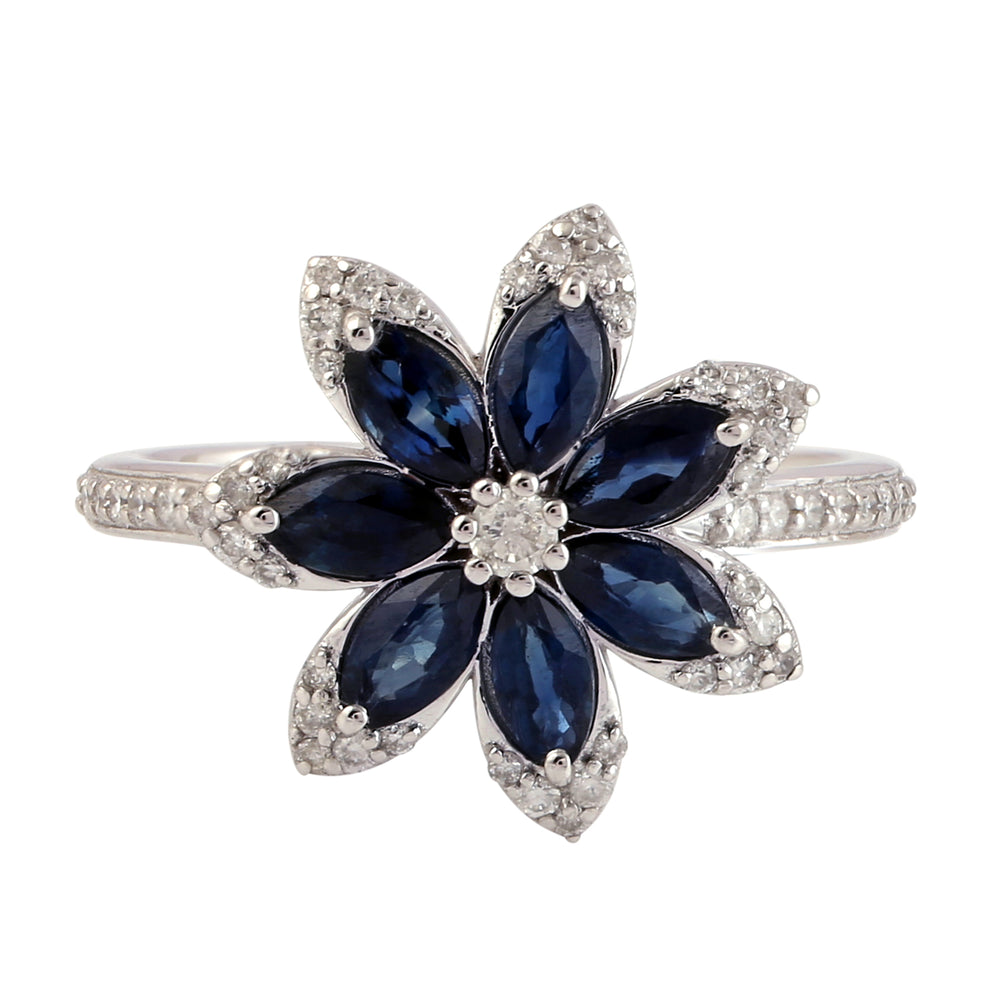Marquise Sapphire Pave Diamond Daisy Ring in 18k White Gold