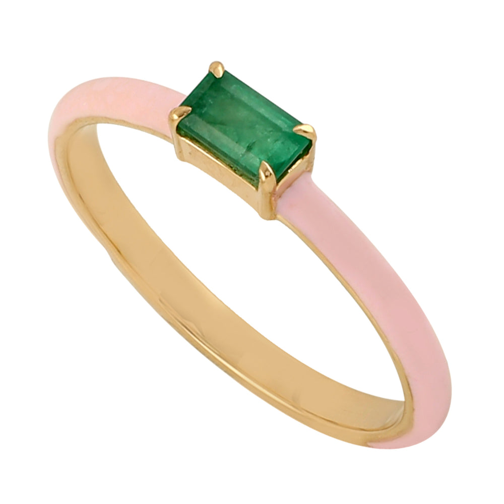 Baguette Emerald Enamel Single Stone Band Ring In 14k Gold