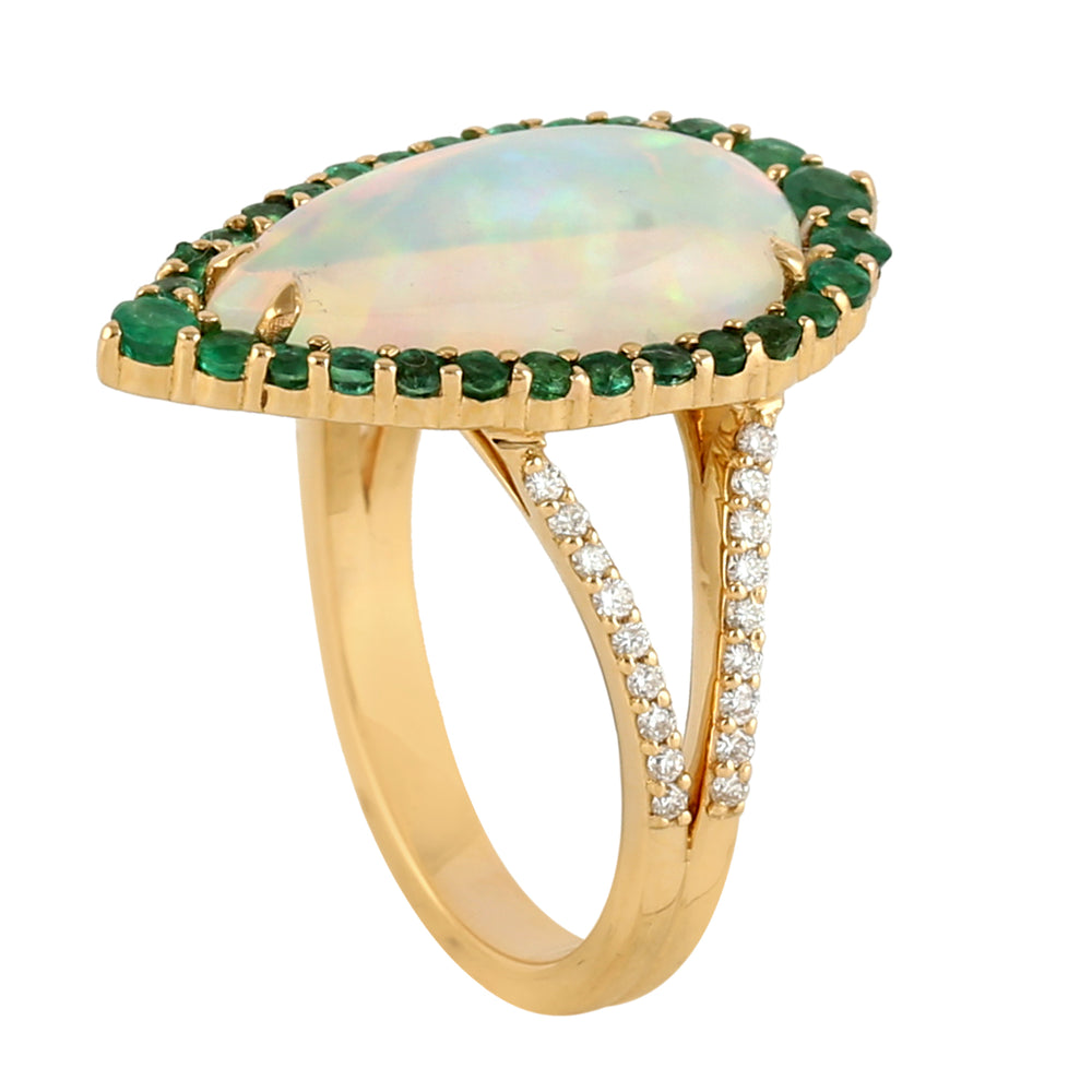 Opal Ethopian Diamond Pear Shaped Cocktail Party Wear Ring 18k Gold