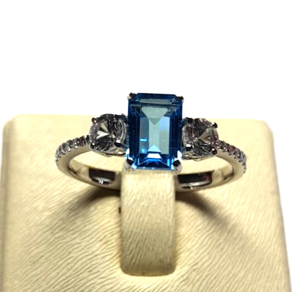 Blue Topaz Sapphire Diamond Accent Delicate Ring in 18k White Gold