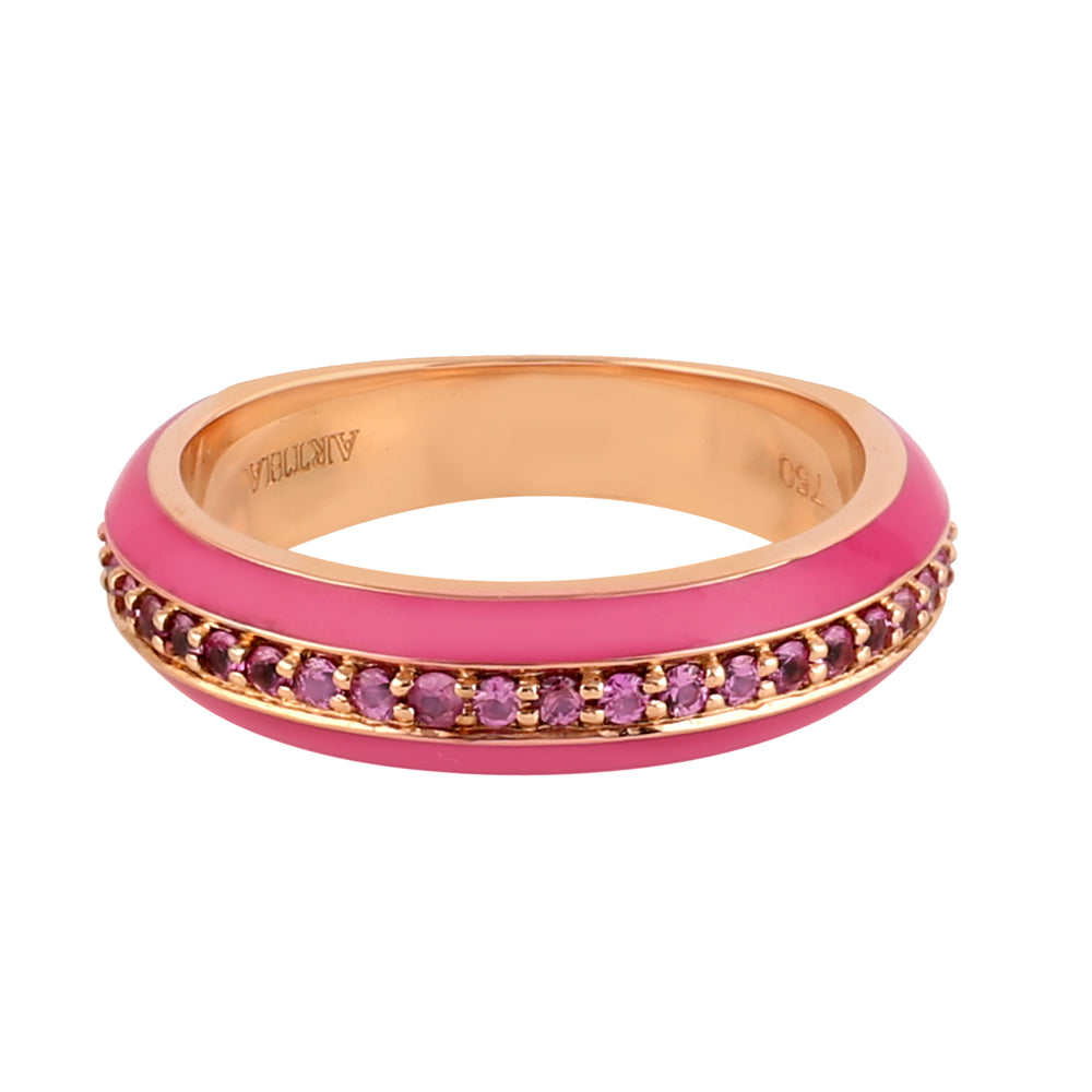 Natural Pink Sapphire Enamel Band Ring In 18k Gold