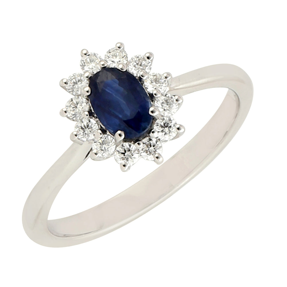 Oval Blue Sapphire Pave Diamond Handmade Birthday Gifr Gor Her In 18k White Gold