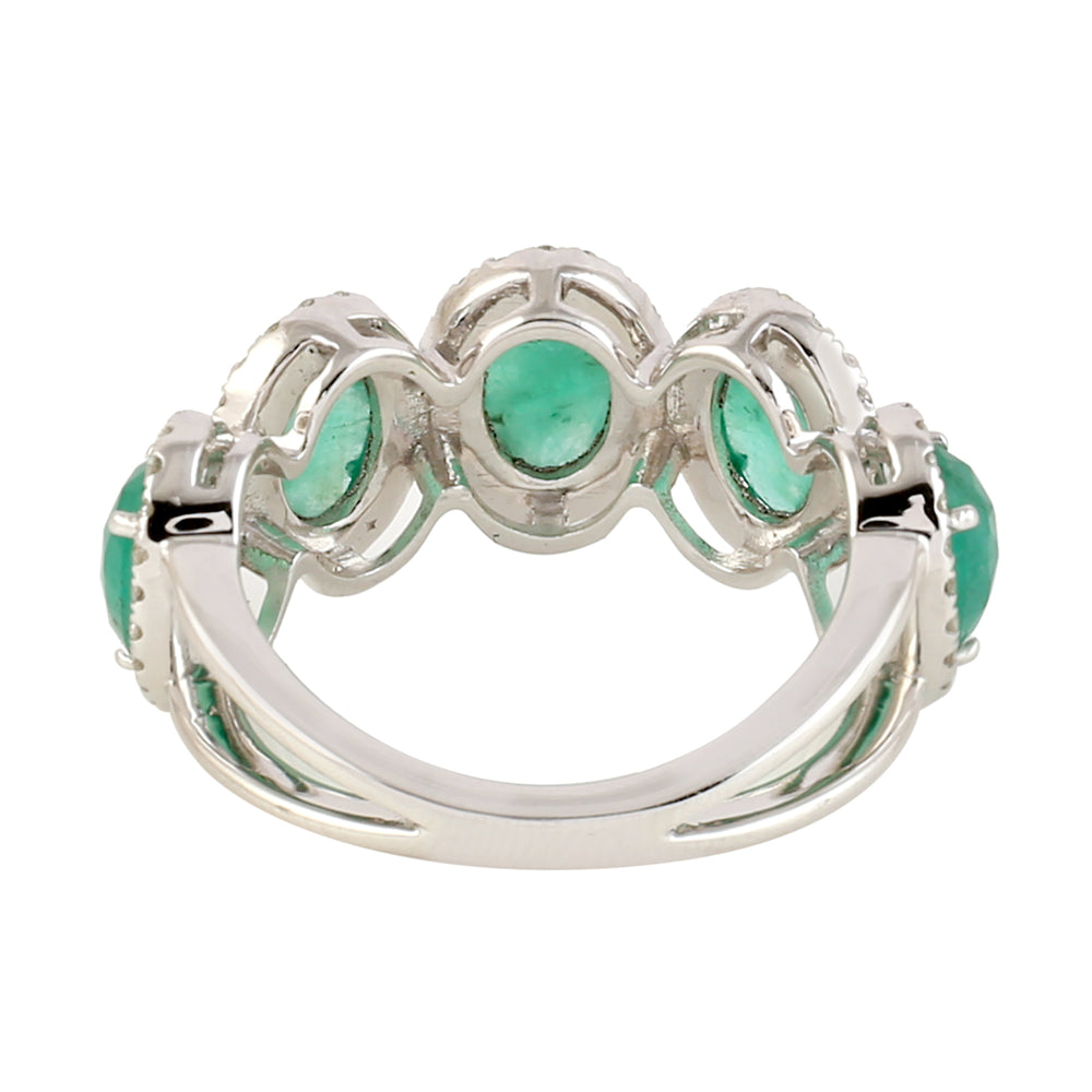 Natural Emerald Diamond Band Ring in 14k White Gold