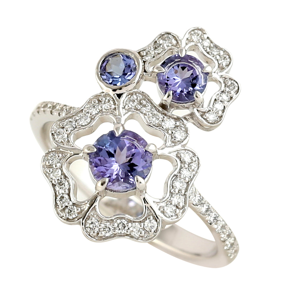 Natural Tanzanite Pave Diamond Floral Cocktail Ring in 18k Gold