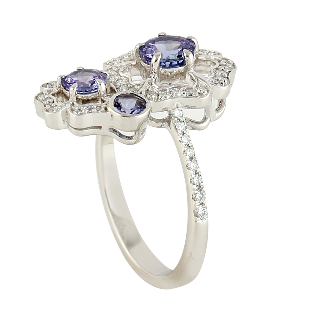 Natural Tanzanite Pave Diamond Floral Cocktail Ring in 18k Gold