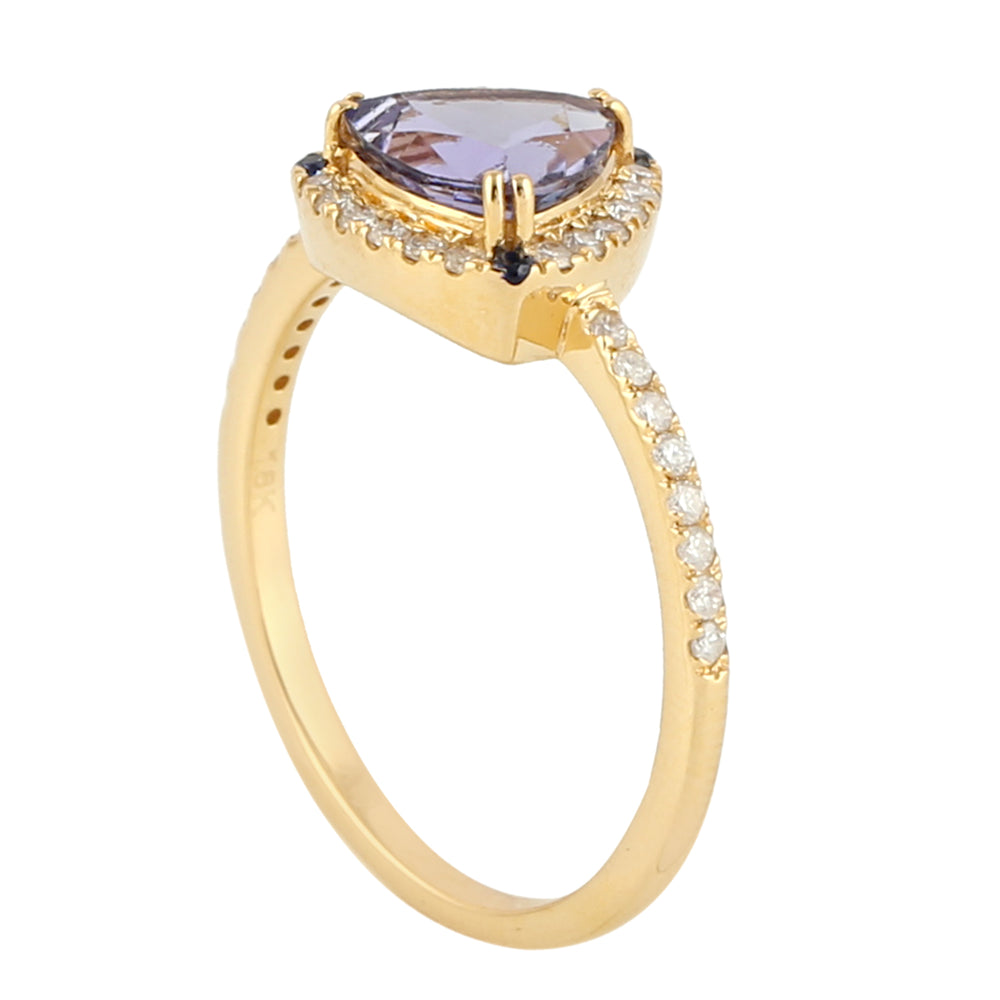 Trillion Tanzanite Sapphire Diamond 18k Yellow Gold Ring