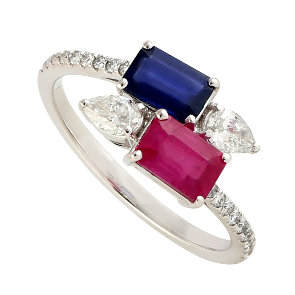 18k White Gold Bypass Ring with Baguette Ruby, Blue Sapphire