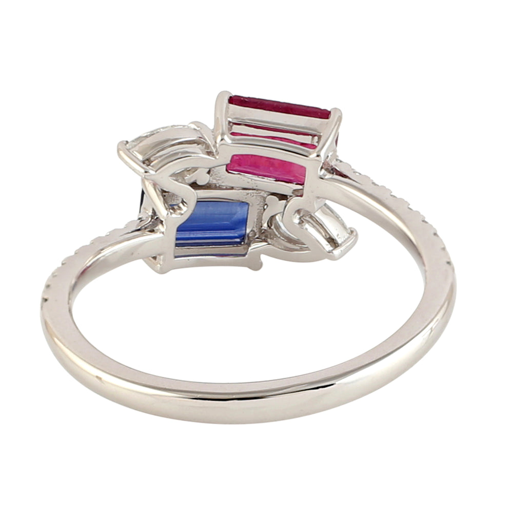 Baguette ruby & Sapphire Bypass Ring In 18k White Gold For Her