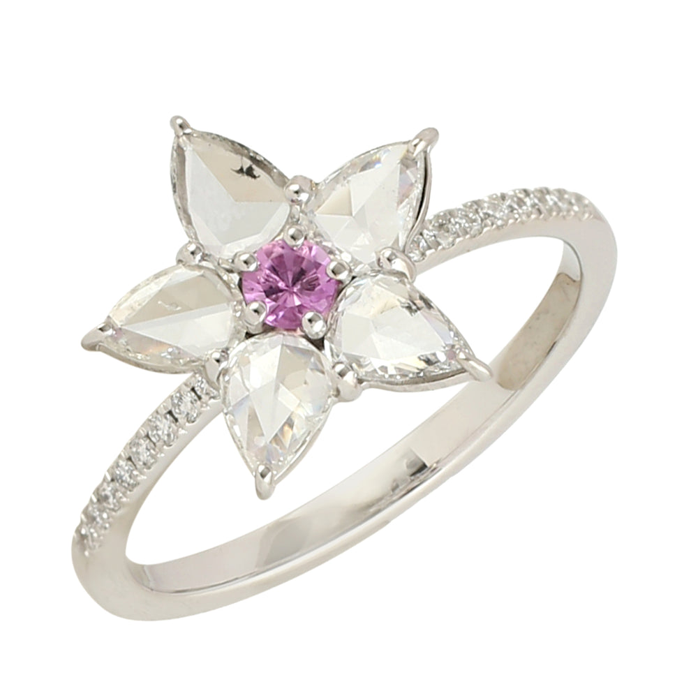 Pink Sapphire & Natural Diamond Daisy Ring 18k White Gold
