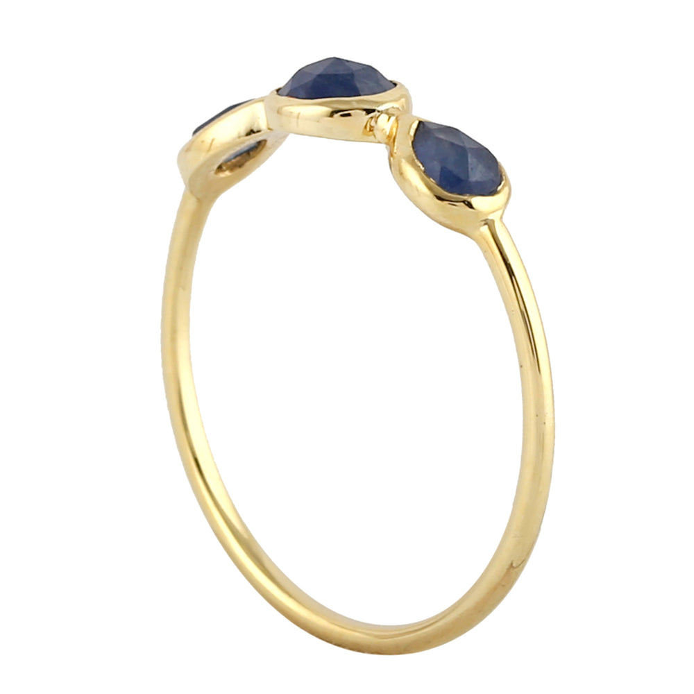 Natural Blue Sapphire Three Stone Band Ring 10k Yellow Gold