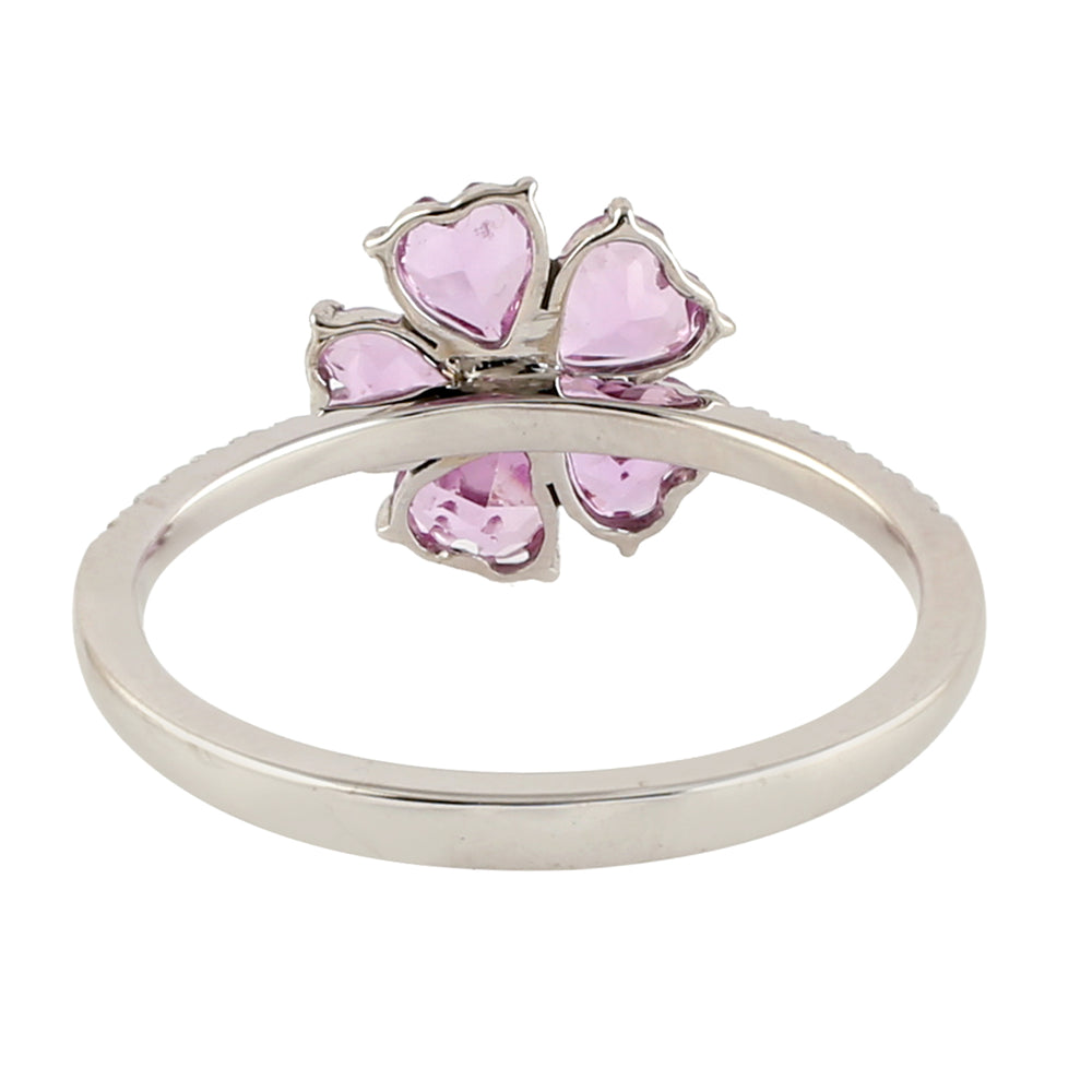 Pink Sapphire Heart Daisy Ring in Pave Diamond In 18k White Gold